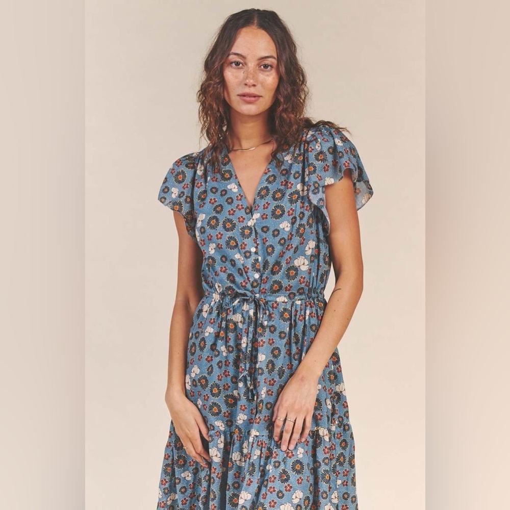 Trovata Blue Floral Button-Front Midi Dress